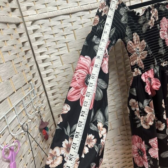 SHEIN LUNE Off Shoulder Frill Trim Shirred Black Floral Dress size small women’s - Picture 8 of 9